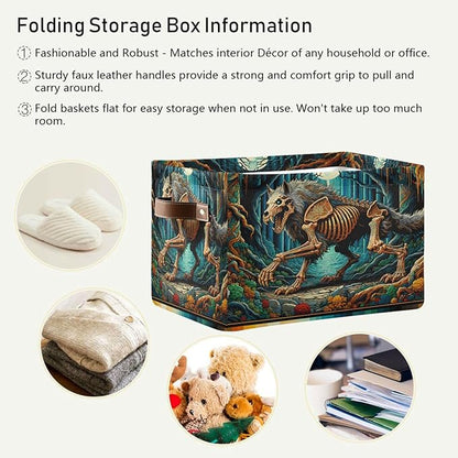 Large Storage Basket Skeletal Wolf Storage Bin Cube Canvas Fabric Organizer Handles Collapsible for Clothes Toys Bedroom Decorative
