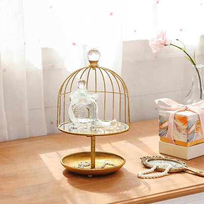 NIKKY HOME Makeup Organizer, Gold Perfume Organizer Trays for Dresser, Vintage Jewelry Tray Organizer with Double Layer, Metal Decorative Mirror Tray for Countertop Vanity and Bathroom