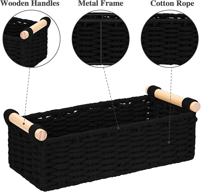 Boho Cotton Rope Storage Baskets Set of 2, Woven Wicker Organizer Bins with Wooden Handles, Small Decorative Boxes for Organizing, Toilet Paper Baskets for Bathroom Countertop, Shelves (Black 2 Pack)