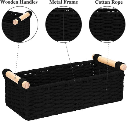 Boho Cotton Rope Storage Baskets Set of 2, Woven Wicker Organizer Bins with Wooden Handles, Small Decorative Boxes for Organizing, Toilet Paper Baskets for Bathroom Countertop, Shelves (Black 2 Pack)