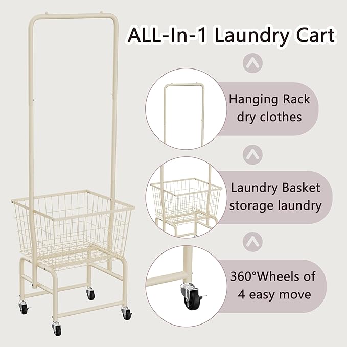 Rolling Laundry Cart with Wheels, Laundry Hamper Basket Organizer with Clothes Hanging Rack, Wire Storage Cloth Shelf Butler, Cream