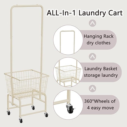 Rolling Laundry Cart with Wheels, Laundry Hamper Basket Organizer with Clothes Hanging Rack, Wire Storage Cloth Shelf Butler, Cream