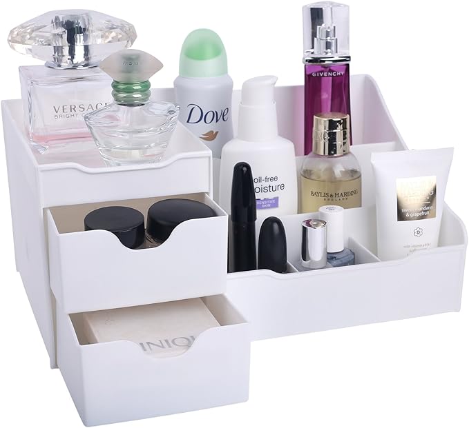 Mantello Cosmetic Storage Organizer - Sitting on Your Vanity, Bathroom Counter or Dresser - Easily Organize Your Cosmetics, Jewelry, Hair Accessories (White)