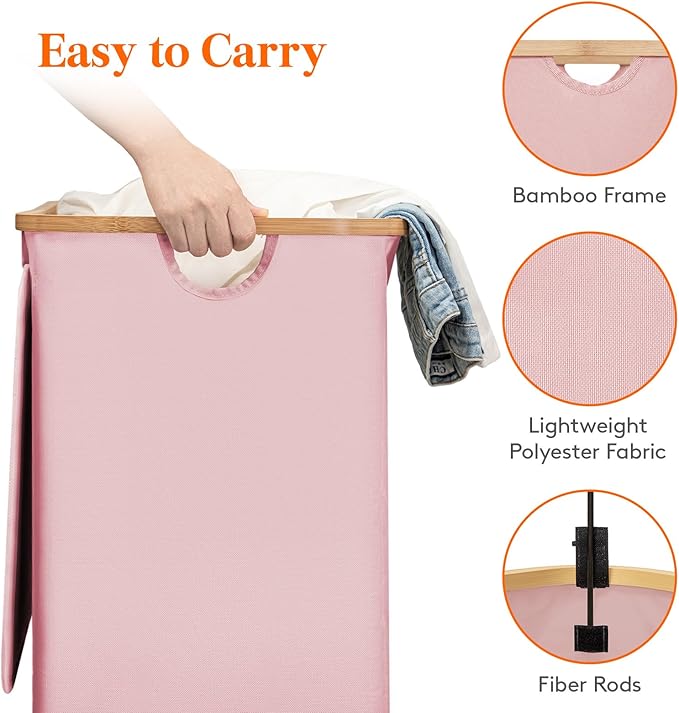 Lifewit 150L Double Laundry Hamper with Lid, Large Laundry Basket with Removable Bag & Bamboo Handles, Fodable Tall Dirty Clothes Hamper for Laundry Collapsible Bin for Bathroom Bedroom Dorm, Pink