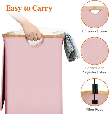 Lifewit 150L Double Laundry Hamper with Lid, Large Laundry Basket with Removable Bag & Bamboo Handles, Fodable Tall Dirty Clothes Hamper for Laundry Collapsible Bin for Bathroom Bedroom Dorm, Pink