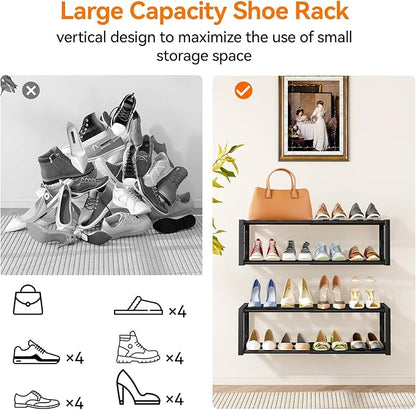 IBUYKE 2 Pack Wall Mounted Shoe Rack, 2-Tier 16"-29" Expandable Hanging Shoe Organizer for 12-16 Pairs, Space Saving Metal Wall Shoe Storage for Entryway Closet, Black TXJ001B-2