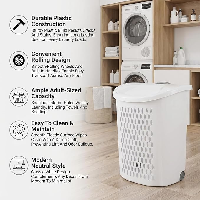 White Wheeled Plastic Laundry Hamper – Adult-Sized Rolling Basket With Handles For Home & Dorms