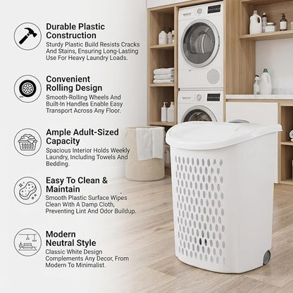 White Wheeled Plastic Laundry Hamper – Adult-Sized Rolling Basket With Handles For Home & Dorms