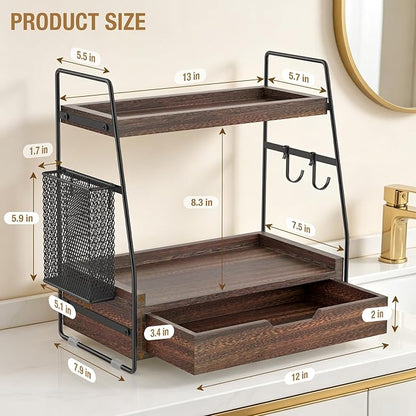 2-Tier Bathroom Counter Organizer with Drawer & Removable Basket, Wood & Metal Vanity Organizer for Skincare, Makeup, Perfume, Toiletries, Small Bathroom Counter Shelf, 13'' Rustic