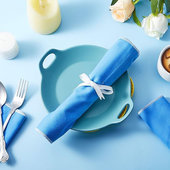 Saintrygo 4 Pieces Silver Storage Bags Anti Tarnish Silver Protector Bags Blue Holder for Silverware Flatware Storage Organizer Cloth Place Setting Roll with White Ribbon for Kitchen Utensils