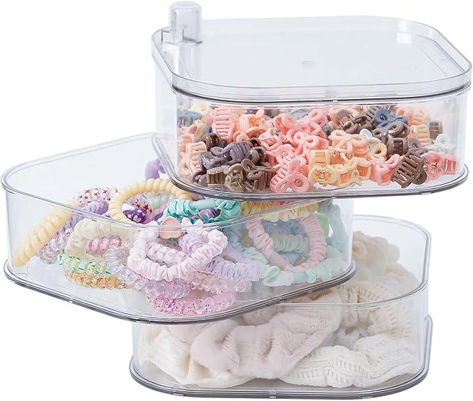 FABROK 3-Layer Hair Ties Organizer for Girls, Large Hair Accessories Storage Box for Clips, Scrunchies, Headbands, Rotating Bathroom and Vanity Container for Makeup Tools, Jewelry