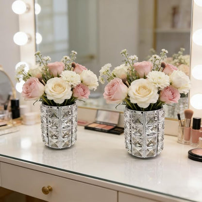 Makeup Brush Holder Organizer Crystal Bling Cosmetic Storage Box for Brushes, Combs & Pens, Candle Holder Container（Silver）