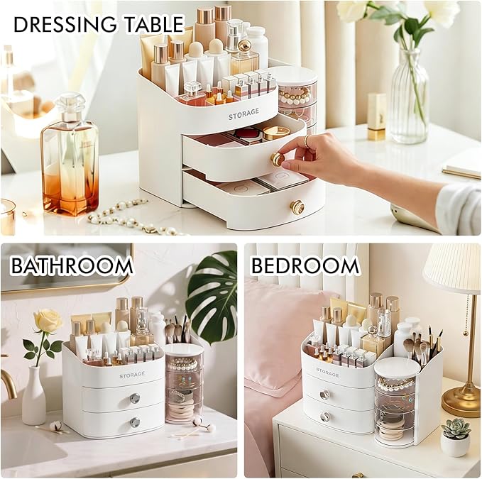 Makeup Organizer Countertop with Drawers, Make up Organizers for Vanity, Skincare Jewelry Earring Organizers, Cosmetic Display Cases Makeup Storage for Bedroom & Bathroom, Ideal Gifts for Women(White)