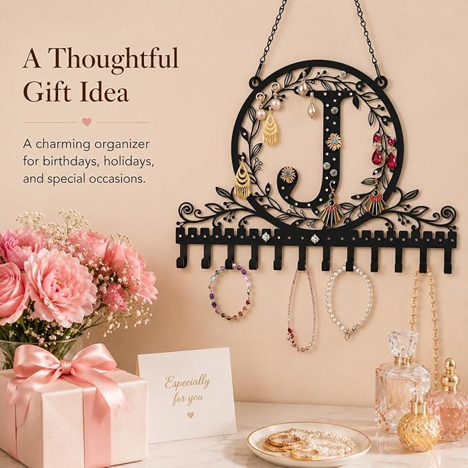 Wall-Mounted Metal Initial Letter J Earring Holder Hanging Jewelry Organizer for Earrings and Necklaces Space-Saving Wall Display with Hooks for Jewelry Storage
