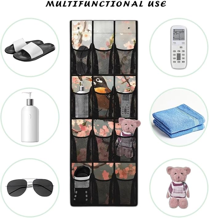 American Robin Over the Door Shoe Organizer 4 Shelf 12 Large Mesh Pockets Shoe Rack for Door Closet Organizer for Small Spaces Waterproof Storage Bag for Toiletries Shoes Snacks