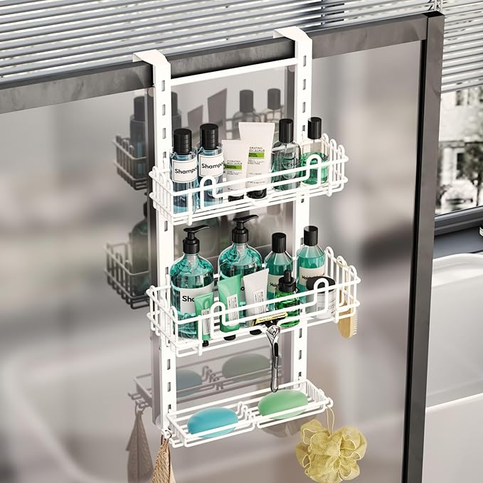 HapiRm 3 Tier Over the Door Shower Caddy, Hanging Shower Caddy with 16 Hooks and 2 Soap Holders, No Drilling Adjustable Hanging Bathroom Organizer - White