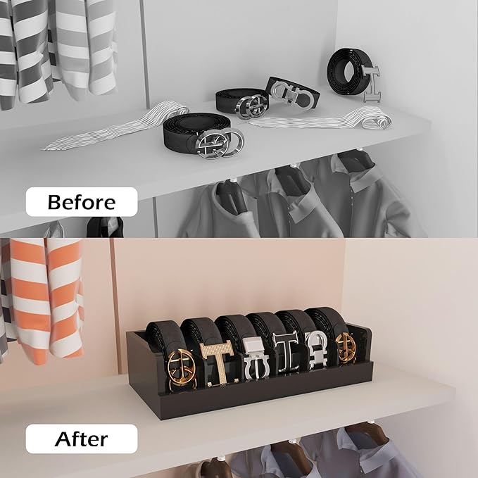 Belt Organizer for Drawer - Bamboo Belt Storage Organizer | Belt Rack for Closet Wall Mount Men Women Tie Sock Bra Scarf Ribbon (Black, 6 Grids)