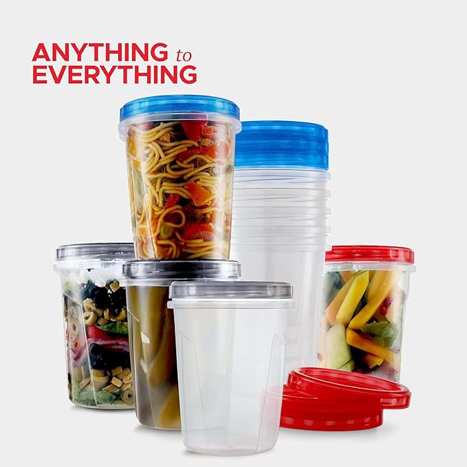 Tafura 12 Pack Leakproof Freezer Containers for Food with Twist Top Lids - 32 Oz - Black/Blue/Red Lids