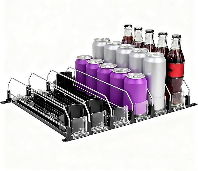 Drink Organizer for Fridge, 18.9x15.0x3.1in Soda Can Dispenser for Refrigerator, 6 Rows Adjustable Automatic Pusher Glide Drink Dispenser for Beer Beverages (Black)