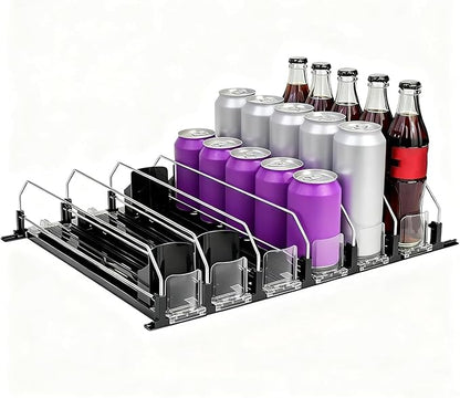 Drink Organizer for Fridge, 18.9x15.0x3.1in Soda Can Dispenser for Refrigerator, 6 Rows Adjustable Automatic Pusher Glide Drink Dispenser for Beer Beverages (Black)