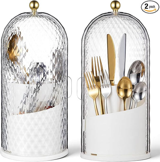 2 Pack 360° Rotating Silverware Organizer, Utensil Holder with Lid for Kitchen Counter Silverware Caddy with Drainage Dustproof Flatware Holder for Cutlery Spoon Fork(Diamond White,3 Slot)