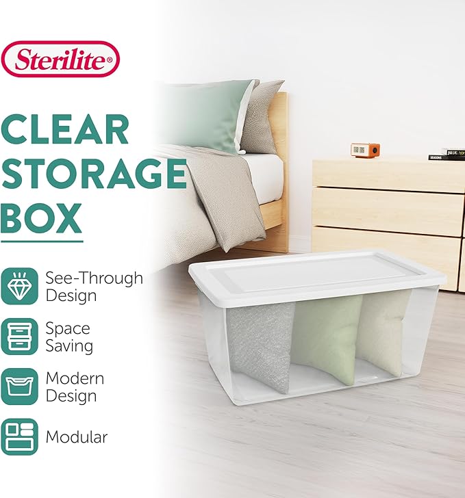 Sterilite 16 Pack Storage Box, 90 Quart Stackable Tote, Clear Plastic Container with Secure Snapping Lids for Home and Office Organization, White