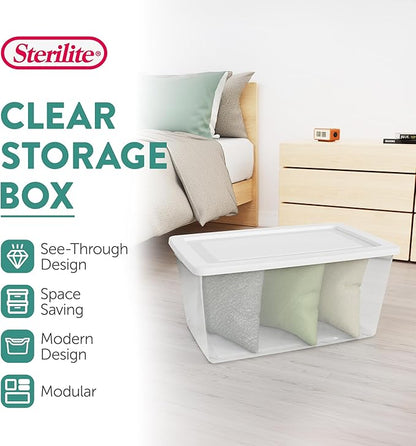 Sterilite 16 Pack Storage Box, 90 Quart Stackable Tote, Clear Plastic Container with Secure Snapping Lids for Home and Office Organization, White