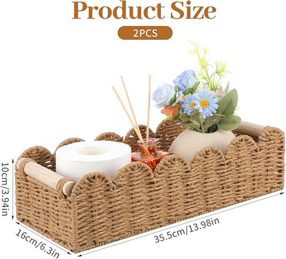 2pcs Scalloped Decor Basket,Toilet Paper Storage Basket with Handles,Toilet Basket for Organizing Over Toilet Storage Shelf Countertop Living Room Bedroom Home Decor（14"×6.3"×4"）