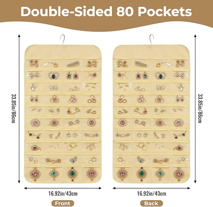 2pcs Hanging Jewelry Organizer,80 Clear Pockets earring organizer and storage, Accessories holder organizer for Closet Jewelries Necklace Travel