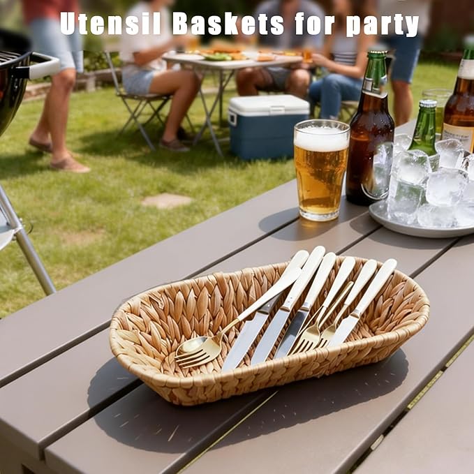 Set of 2 Small Wicker Baskets for Flatware Organizer , Silverware Caddy Utensil Caddy Basket, Bread Baskets Cutlery Holder for Party