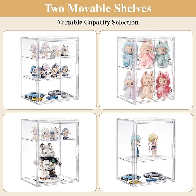 Large Clear Acrylic Display Case Compatible with Labubu POP MART Storage Bin for Collectibles with 2 Removable Shelves and Magnetic Door Display Organizer Box for Anime Figures, Dolls