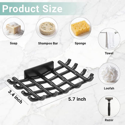 Bar Soap Holder for Shower Wall, Self Draining Plastic Bar Soap Dish Tray Container Case for Bathroom Sink, Adhesive Shower Soap Dish Holder Wall Mounted, Black 2 Pack