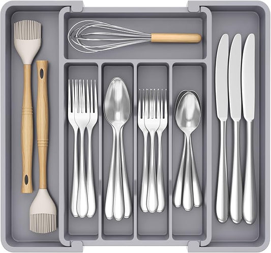 Lifewit Silverware Drawer Organizer, Expandable Utensil Tray for Kitchen, BPA Free Flatware and Cutlery Holder, Adjustable Plastic Storage for Spoons Forks Knives, 8.5-14 x 12", Gray