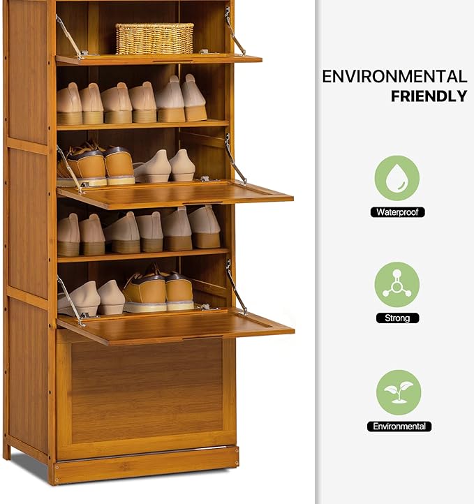 Magshion Bamboo Entryway Shoe Storage Cabinet with Pull-Down Door, 7-Tier Freestanding Shoe Cabinet Organizer for Hallway Entryway, for Convenient Shoe Organization (Brown)
