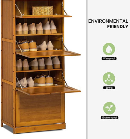Magshion Bamboo Entryway Shoe Storage Cabinet with Pull-Down Door, 7-Tier Freestanding Shoe Cabinet Organizer for Hallway Entryway, for Convenient Shoe Organization (Brown)