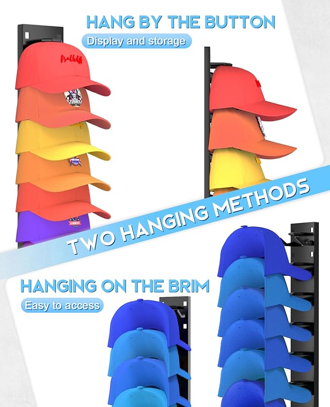 2 Pack Hat Organizer for Baseball Caps, Strong Adhesive Hat Rack for Wall, Multilayer Hat Storage Display Holder for Door Closet, Cap Organizer Storage Wall Mounted Hat Hooks Hold up to 18 Hat (Black)