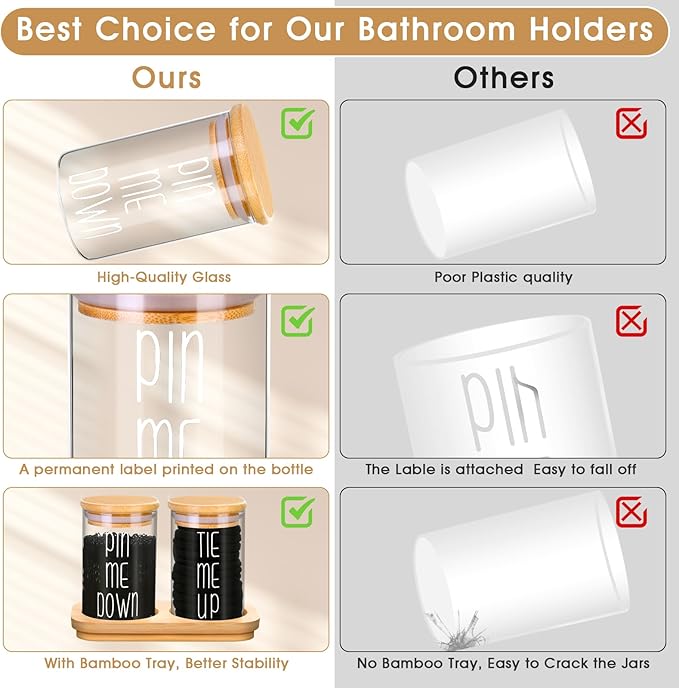 Funny Apothecary Jars 2 Pack Hair Tie Holder Organizers Bathroom Canisters with Tray Bobby Pin Holder Bathroom Jars Accessories Set with Lids for Bathroom décor Farmhouse Bathroom Storage Organization