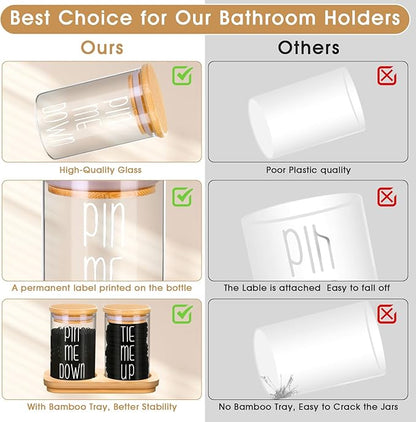 Funny Apothecary Jars 2 Pack Hair Tie Holder Organizers Bathroom Canisters with Tray Bobby Pin Holder Bathroom Jars Accessories Set with Lids for Bathroom décor Farmhouse Bathroom Storage Organization
