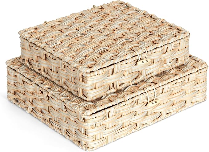 Plastic Wicker Storage Baskets with Lids, 2-Pack Woven Rattan Organizer Bins with Locking Button, Decorative Flat Storage Boxes, 11"x9.25"x2.75" & 13"x11.2"x3.5", Beige