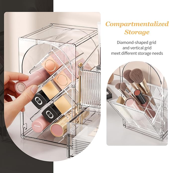 Seoneiro Makeup Organizer with Drawers, Cosmetic Storage for Dresser Countertop and Bathroom Vanity, Beauty Holder for Lipstick Brush Skincare Display case (Transparent)