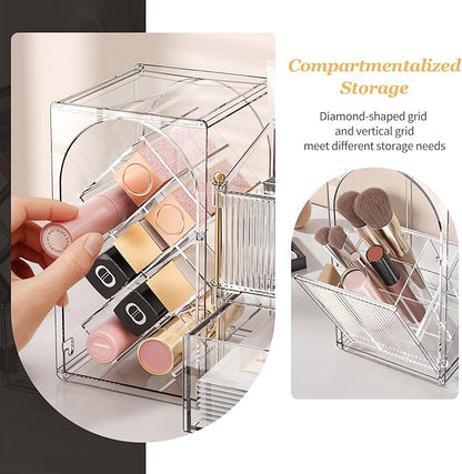 Seoneiro Makeup Organizer with Drawers, Cosmetic Storage for Dresser Countertop and Bathroom Vanity, Beauty Holder for Lipstick Brush Skincare Display case (Transparent)
