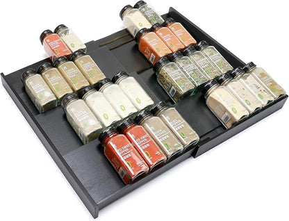 Bamboo Spice Drawer Organizer, (Need 3.1” Deep Drawer) Expandable 4 Tier Spice Rack for Cabinet (From 12" to 23" Wide), Seasoning Storage Insert, Spice Organizer for Drawer,Jars Not Included