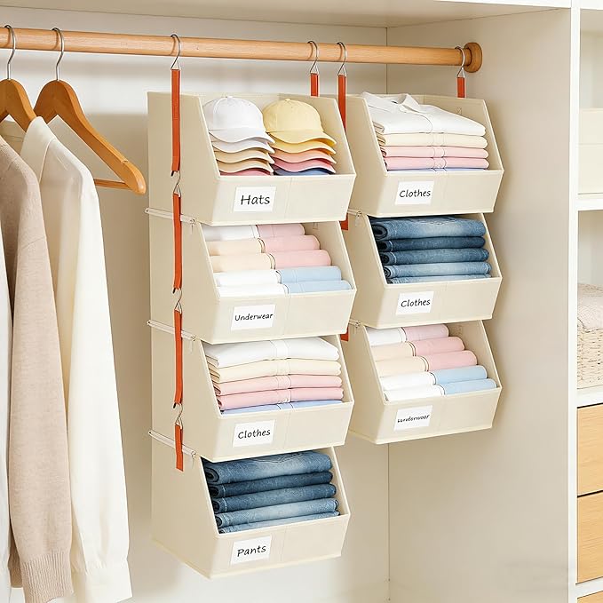 4 Pcs Modular Closet Organizer - Detachable & Foldable Hanging Storage Cubes, 88L Total Capacity, Heavy Duty Fabric Shelves for Wardrobe, Closet Organization, RV, Dorm, Beige