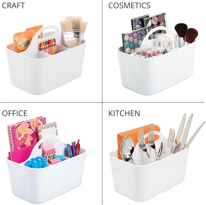 mDesign Plastic Cutlery Storage Organizer Caddy Bin Tote with Handle - Kitchen Cabinet Divided Pantry Basket for Forks, Knives, Spoons, Napkins, Indoor/Outdoor Use, Lumiere Collection, White