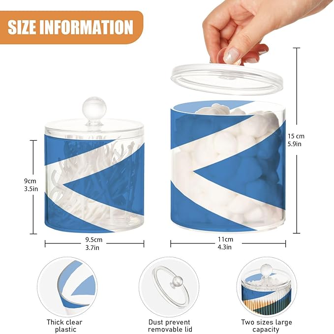 DOMIKING Scotland Flag 2 Pack Bathroom Canisters Cotton Swab Holder Dispenser Plastic Cotton Ball Jar Acrylic Storage Containers for Cotton Swab Cotton Ball Cotton Round Pads