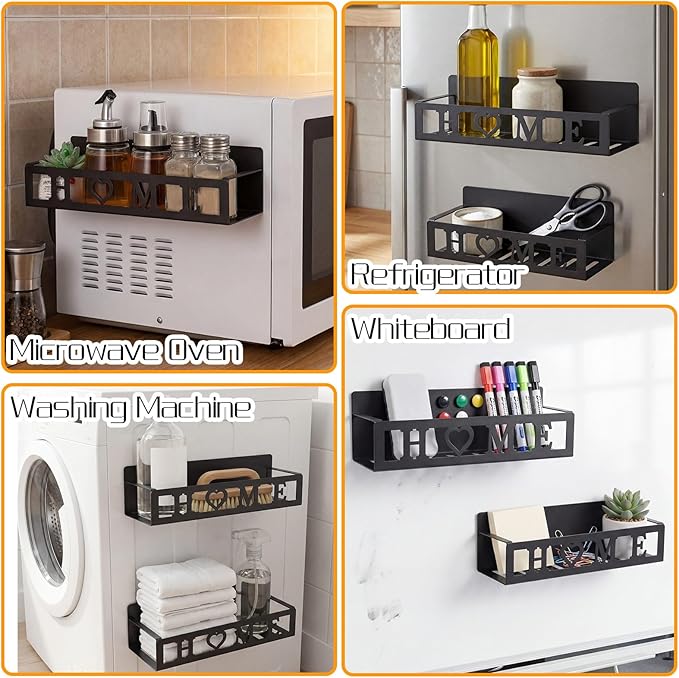 Beeveer 2 Pack Home Magnetic Spice Rack for Refrigerator Metal Magnet Basket Shelf for Fridge Seasoning Storage Organizers Home Decor Kitchen Accessories(Black)
