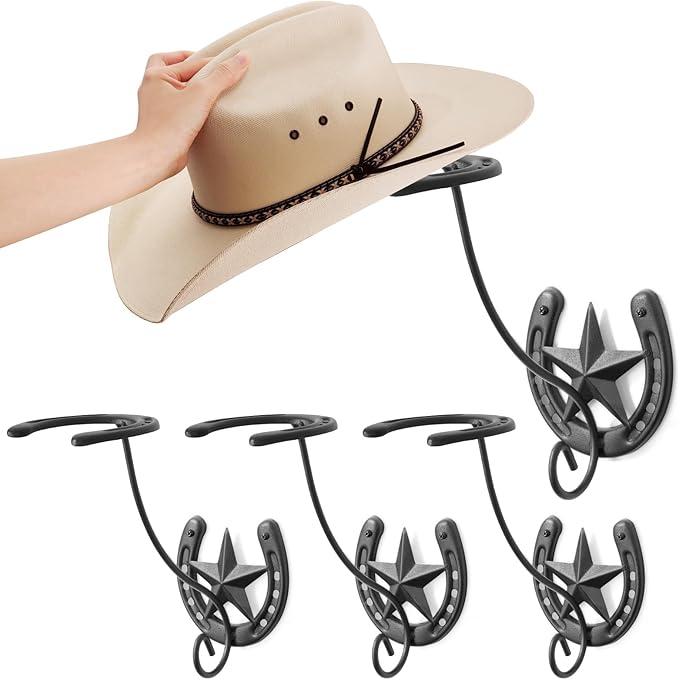Cowboy Hat Holder for Wall 4 Pack Metal Iron Cowboy Hat Rack Western Hat Hanger Horseshoe Hooks Storage Cowboy Hat Organizer Display Closet Living Room Western Gifts Wall Decor Black