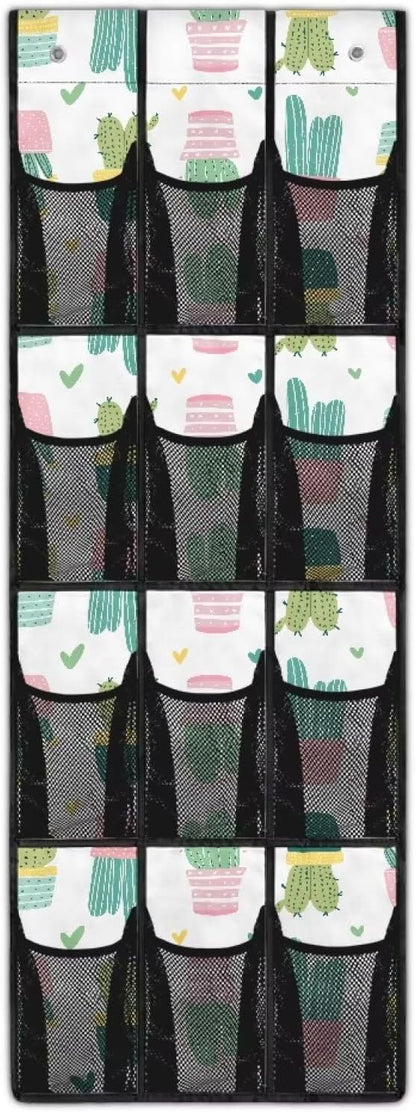 12 Large Mesh Pockets Cactus Print Over the Door Shoe Organizer Sturdy Oxford Fabric Hanging Shoe Rack for Closet Organizers and Storage
