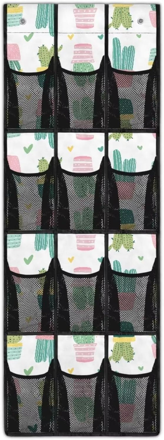 12 Large Mesh Pockets Cactus Print Over the Door Shoe Organizer Sturdy Oxford Fabric Hanging Shoe Rack for Closet Organizers and Storage