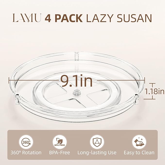 LAMU 4 Pack Lazy Susan Organizer, 9'' Clear Lazy Susan Turntable for Cabinet, Fridge, Kitchen, Pantry, Countertop, Table Top, Refrigerator Organizers and Storage, Seasoning and Spice Organizer